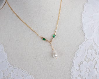Collana vintage in stile romantico con smeraldi, girocollo da sposa con perle e smeraldi CZ, collana vintage con perle Swarovski e smeraldi CZ