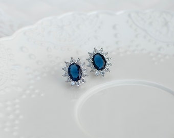 Blue Sapphire Earrings, Sapphire Bridal Earrings,  Royal CZ Blue Sapphire Stud Earrings, Oval CZ Stud Earrings,Bridesmaids Earrings
