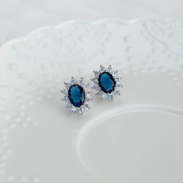 Blue Sapphire Earrings, Sapphire Bridal Earrings,  Royal CZ Blue Sapphire Stud Earrings, Oval CZ Stud Earrings,Bridesmaids Earrings