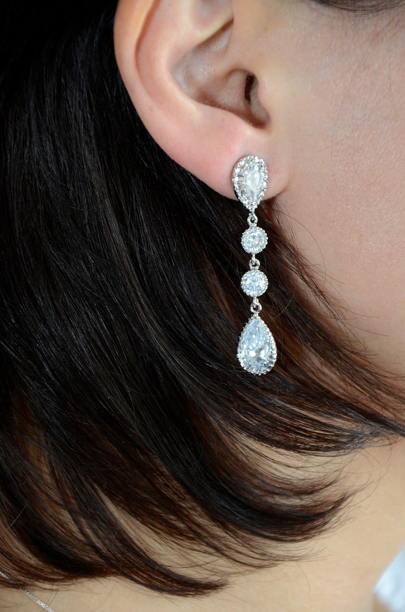 Bridal Earrings Cubic Zirconia Ear Posts, Cubic Zirconia Connectors and Large Cubic Zirconia Crystal Tear Drops image 2