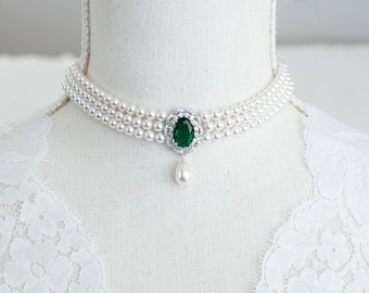 Choker da sposa con smeraldo e zirconia cubica, collana con smeraldo in stile vintage, girocollo da sposa con perle e smeraldo e zirconia cubica, girocollo vintage vittoriano con smeraldo