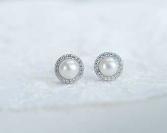 Bridal Pearl Earrings, Bridesmaids Earrings, Sterling Silver Cubic Zirconia and Freshwater Pearls Stud Earrings, Flower Girl Pearl Earrings