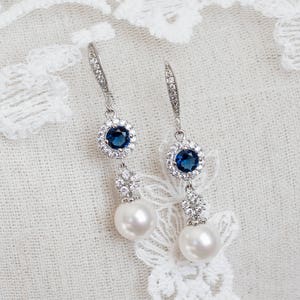 Blue Sapphire Earrings, Bridal Earrings, Bridal Pearl and Blue Sapphire Earrings, Something Blue Earrings, Wedding Jewelry, Bridal Jewelry