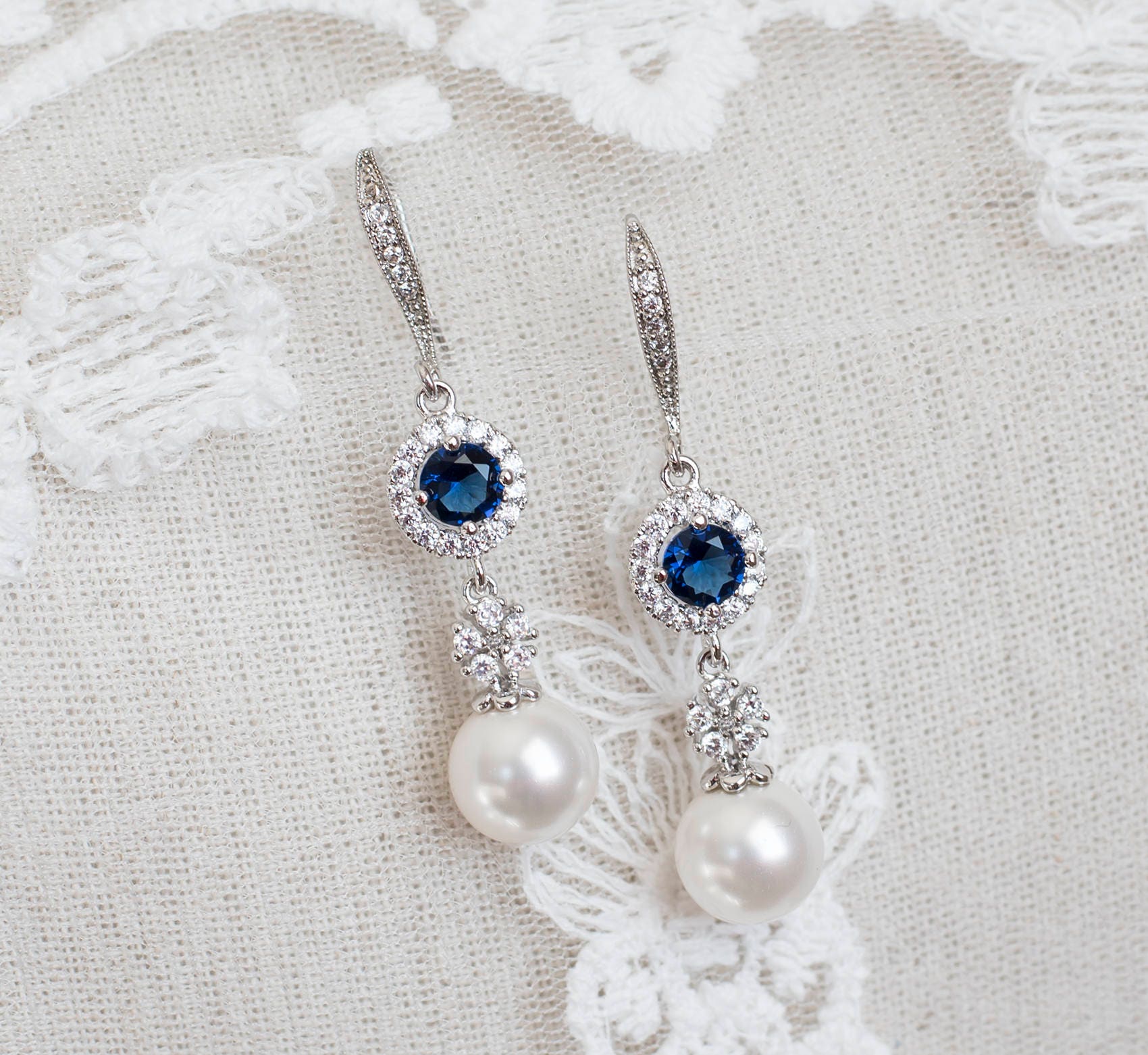 Blue Sapphire Earrings, Bridal Earrings, Bridal Pearl and Blue Sapphire Blue Sapphire Earrings, Bridal Earrings, Bridal Pearl and Blue Sapphire