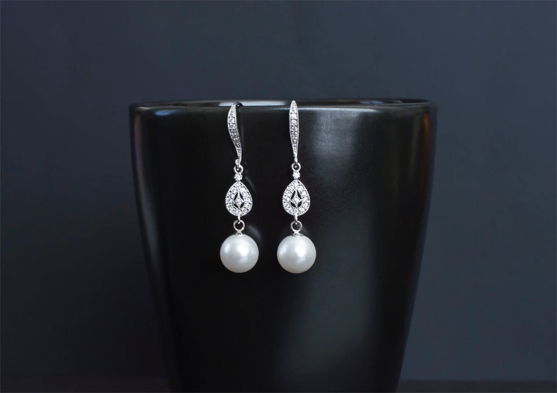 Bridal Earrings, Bridal Pearl Earrings, Dangle Pearl Earrings, Pearl Drop Earrings, White/Ivory Pearl Wedding Earrings image 2