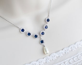 Bridal Necklace, Bridal Pearl and Blue Sapphire Necklace, Something Blue Necklace, Wedding Jewelry, Bridal Jewelry, Sapphire Pearl Necklace