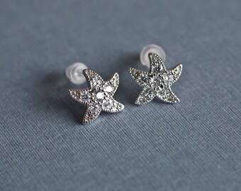 Starfish Earrings, Star Fish Rhodium Plated Cubic Zirconia Pave Setting Earrings, Bridal Bridesmaids Earrings, Wedding Destination Earrings