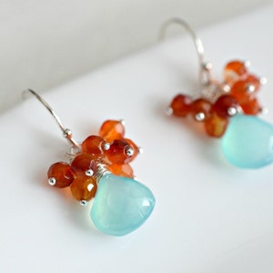 Cluster Earrings Handmade Aqua Blue Chalcedony and Carnelian Cluster Earrings in Sterling Silver image 1