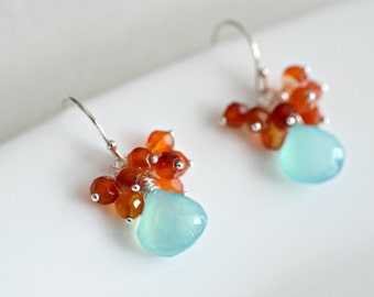 Cluster Earrings - Handmade Aqua Blue Chalcedony and Carnelian Cluster Earrings in Sterling Silver