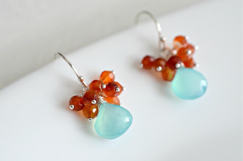 Cluster Earrings Handmade Aqua Blue Chalcedony and Carnelian Cluster Earrings in Sterling Silver image 1