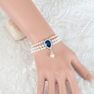 Pearl Cuff Bracelet, Blue Sapphire Multi Strand Pearl Bridal Bracelet,Swarovski Pearls and CZ Blue Sapphire Bracelet,Something Blue Bracelet