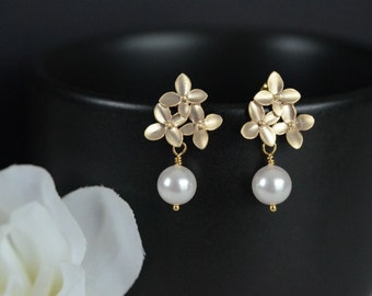 Bridal  Earrings,  Gold Cherry Blossom Earrings with White Swarovski 8 mm Pearl .925 Sterling Silver Earring Post. Wedding Jewellery