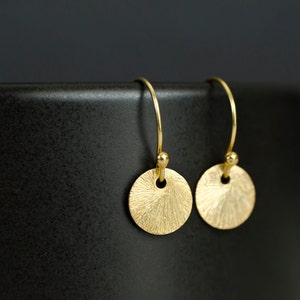 Gold Brushed Coin Earrings. 24k Vermeil Brushed Round Tiny Disc , Geometric, Simple, Minimalist Jewelry