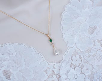 Collana vintage in stile romantico con smeraldi, girocollo da sposa con perle e smeraldi CZ, collana vintage con perle Swarovski CZ e smeraldi