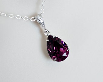 Collar de amatista púrpura, collar de damas de honor, collar de amatista de cristal de Swarovski, collar de plata de ley de Zirconia cúbica