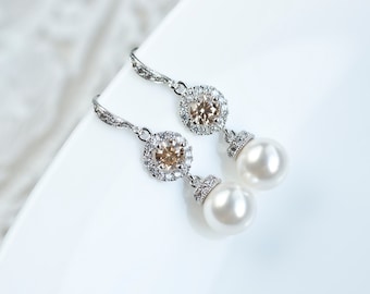 Bridal Earrings, Bridesmaids Earrings, Cubic Zirconia Champagne Swarovski Pearls Earrings, White Swarovski Pearls Earrings, Wedding Jewellry