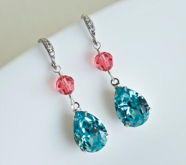 Rose Peach And Blue Turquoise Swarovski Crystal Dangle Earrings