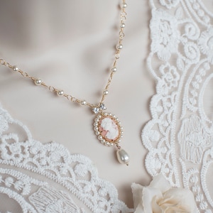 Swarovski Pearl Cameo Necklace, Bridal Vintage Style Cameo Necklace, Coral Lady Cameo Necklace, Victorian Wedding Necklace, Pearl Necklace image 4