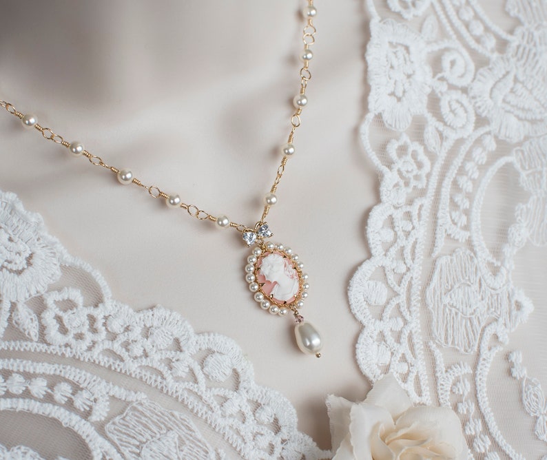 Swarovski Pearl Cameo Necklace, Bridal Vintage Style Cameo Necklace, Coral Lady Cameo Necklace, Victorian Wedding Necklace, Pearl Necklace image 4