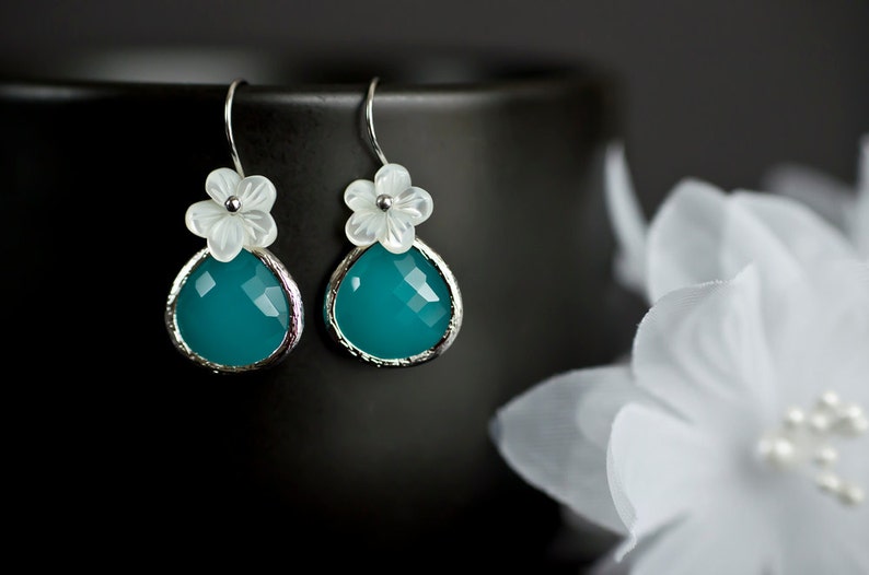 Bridesmaids Earrings, Mint Opal Glass Earrings, Rhodium Plated, Mint Opal Glass Drop, Mother of Pearl Flower and Sterling Silver Earrwires image 3