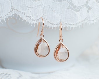 Rose Gold and Champagne Drop Earrings. Bridal Earrings. Bridesmaid Gift. Rose Gold Drop Earrings. Wedding Jewelry. Simple Dangle Earrings