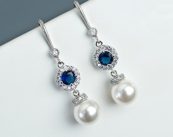 Bridal Earrings, Bridal Pearl and Blue Sapphire Earrings, Something Blue Earrings, Wedding Jewelry, Bridal Jewelry