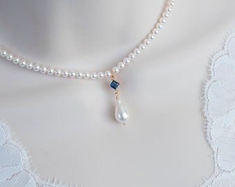 Vintage, Romantic Style Blue Sapphire Necklace, Wedding Pearl and Sapphire CZ Bridal Choker,Vintage Victorian Style Swarovski Pearl Necklace