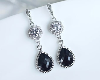 Cubic Zirconia Black Earrings, Bridesmaids Earrings, Black Earrings, Dangle Earrings, Prom Earrings, Mother of the Bride Earrings