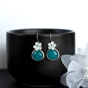 Bridesmaids Earrings, Mint Opal Glass Earrings, Rhodium Plated, Mint Opal Glass Drop, Mother of Pearl Flower and Sterling Silver Earrwires image 2