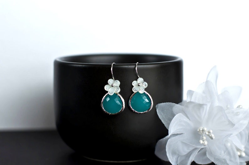 Bridesmaids Earrings, Mint Opal Glass Earrings, Rhodium Plated, Mint Opal Glass Drop, Mother of Pearl Flower and Sterling Silver Earrwires image 2