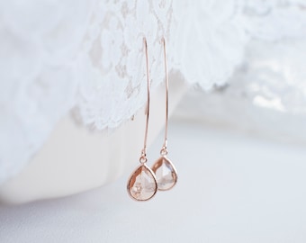 Rose Gold and Champagne Drop Earrings. Bridal Earrings. Bridesmaid Gift. Rose Gold Drop Earrings. Wedding Jewelry. Simple Dangle Earrings