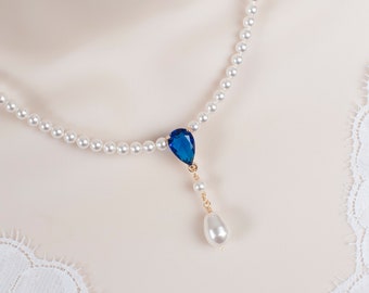 Blue Sapphire Gold Necklace, Pearl/Sapphire CZ Necklace, Something Blue Necklace, Wedding Jewelry, Bridal Jewelry, Sapphire Pearl Necklace