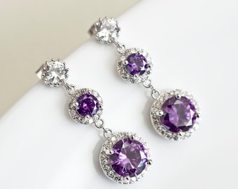 Purple Amethyst Earrings, Cubic Zirconia  Earrings, Bridesmaids Earrings, Purple and White  Round Drop Cubic Zirconia Long Dangle Earrings