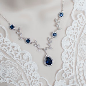 Blue Sapphire Bridal Vine Necklace, Sapphire Bridal Necklace, Something Blue Wedding, Blue Sapphire CZ Connectors and Branch Tree Necklace