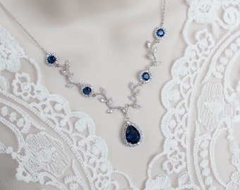 Blue Sapphire Bridal Vine Necklace, Sapphire Bridal Necklace, Something Blue Wedding, Blue Sapphire CZ Connectors and Branch Tree Necklace