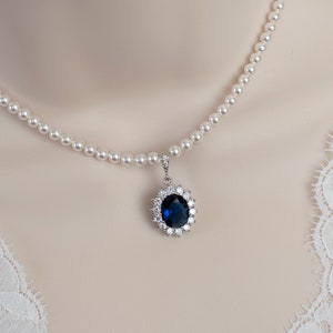 Blue Sapphire Necklace, Bridal Necklace, Bridal Pearl and Blue Sapphire Oval Drop  Necklace, Something Blue Necklace, Wedding Bridal Jewelry