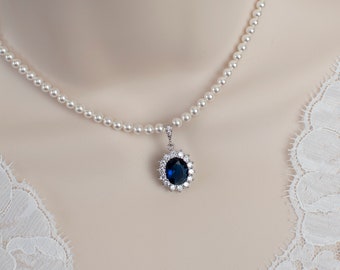 Blauer Saphir Halskette, Braut Halskette, Braut Perle und Blauer Saphir Oval Tropfen Halskette, etwas Blau Halskette, Hochzeit Brautschmuck