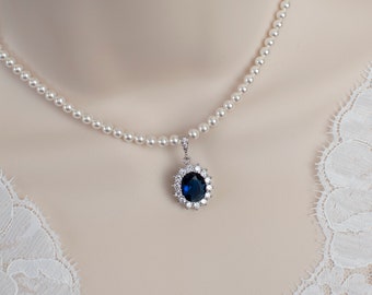 Blue Sapphire Necklace, Bridal Necklace, Bridal Pearl and Blue Sapphire Oval Drop  Necklace, Something Blue Necklace, Wedding Bridal Jewelry