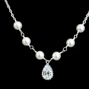 Wedding Jewelry - Bridal Necklace, Cubic Zirconia Teardrop Pendant and White Swarovski Pearls , Bridal, Bridesmaid Jewelry