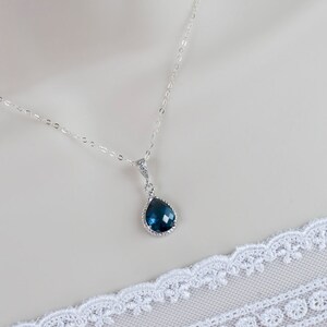 Blue Sapphire Necklace, Blue Sapphire Bridesmaids Necklace, Blue Sapphire Teardrop Glass and Cubic Zirconia Necklace image 2