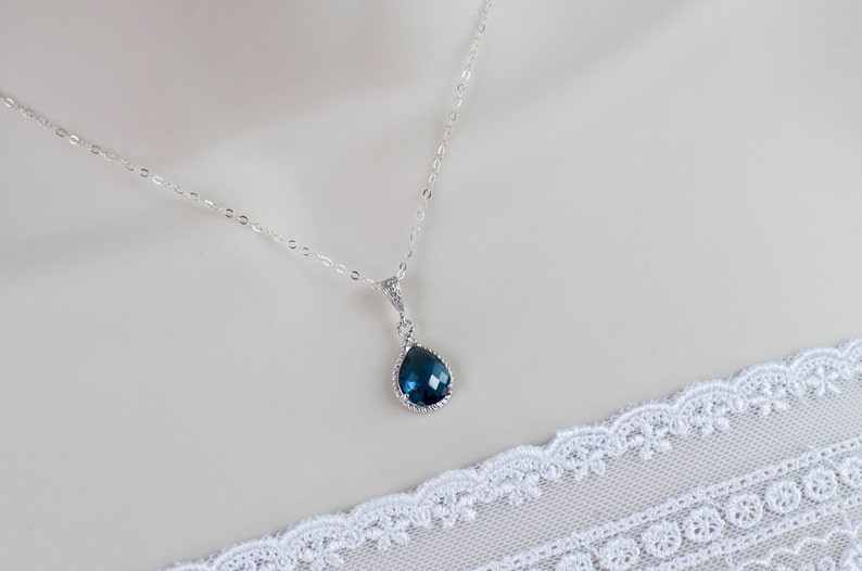 Blue Sapphire Necklace, Blue Sapphire Bridesmaids Necklace, Blue Sapphire Teardrop Glass and Cubic Zirconia Necklace image 2