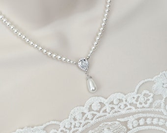 Bridal Necklace, Bridal Pearl and Cubic Zirconia Necklace