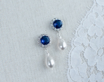 Bridal Earrings, Sterling Silver Earrings, White/Blue Sapphire Cubic Zirconia White Swarovski Pearls Bridal Earrings,Something Blue Earrings