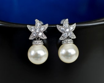 Starfish Earrings, Starfish Bridal Earrings, Starfish Bridal Pearl earrings, Beach Theme Wedding, Wedding Destination, Bridal pearl Earrings