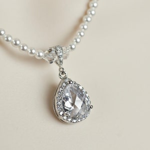 Bridal Necklace, Rhinestone Necklace White/Ivory Swarovski Pearl Necklace With Cubic Zirconia Large Teardrop
