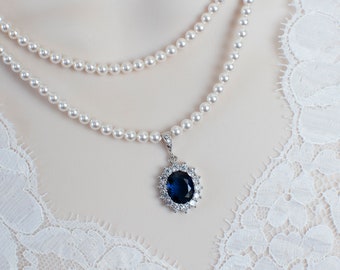 Blue Sapphire Necklace, Bridal Necklace, Bridal Pearl and Blue Sapphire Oval Drop  Necklace, Something Blue Necklace, Wedding Bridal Jewelry