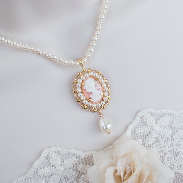 Pearl Cameo Necklace, Bridal Vintage Style Cameo Necklace, Coral Lady Cameo Necklace, Victorian Wedding Necklace, Pearl Cameo Necklace