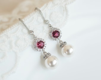 Ruby Pearl Earrings, Bridal Pearl and Red/Ruby Earrings, Bridesmaids Earrings, Wedding Jewelry, Bridal Jewelry, Ruby Cubic Ziconia Earrings