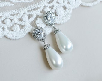 Bridal Earrings, Cubic Zirconia Bridal Pearl Earrings, Bridal, Bridesmaid Earrings Rhodium Plated CZ Ear Posts and White Pearl Teardrops