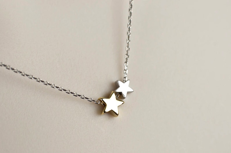 Star Necklace, Tiny Silver Star Charms, Two Stars Necklace, Gold and Silver Stars Necklace, Minimalist, Dainty Small Everyday Jewelry image 1